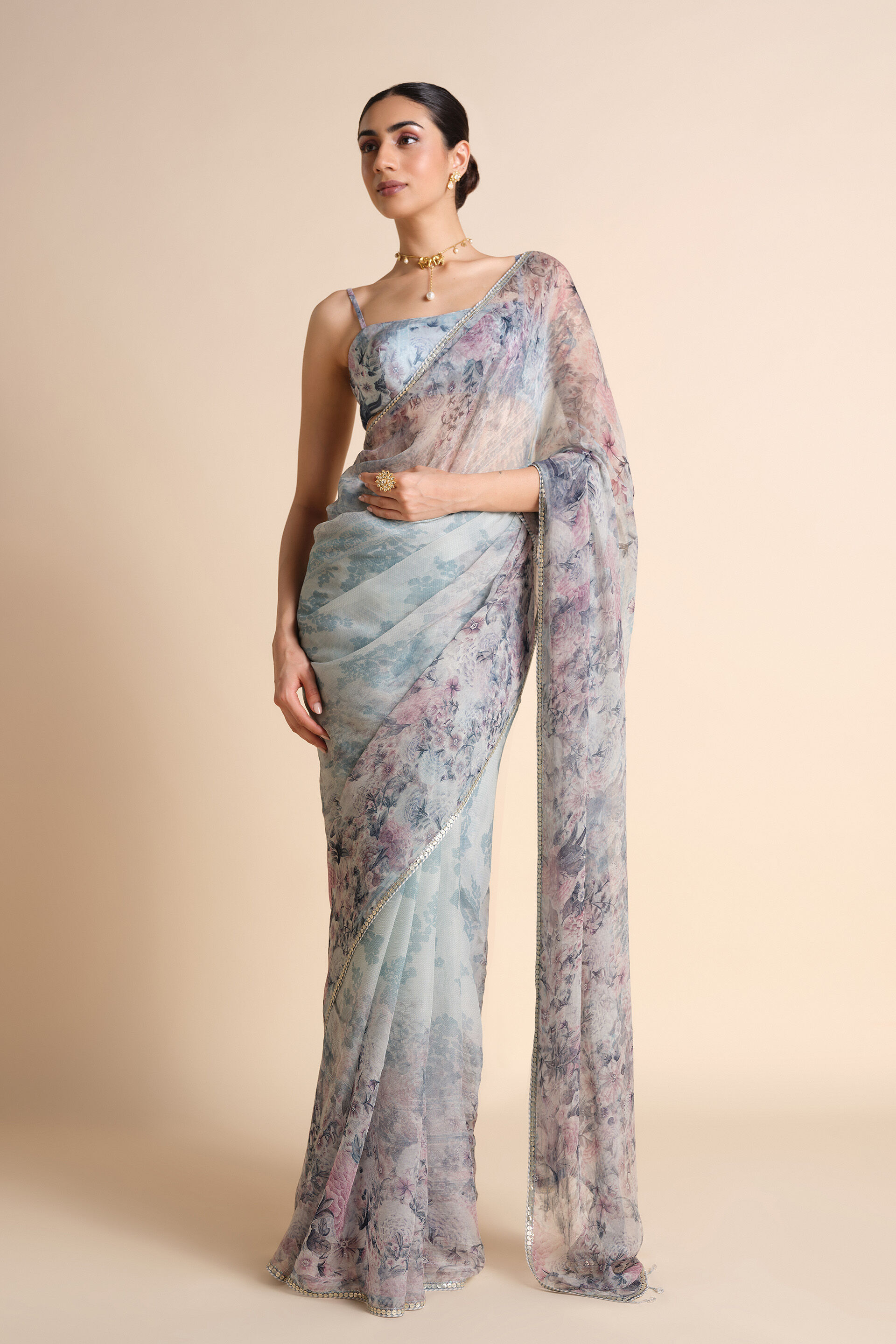 Flores Chiffon Saree - Powder Blue